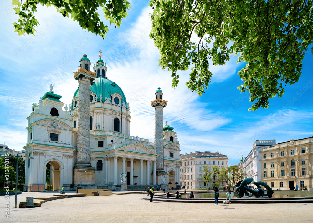 Karlskirche Cathedral, or St. Charles Church on Karlsplatz in Old city center in Vienna of Austria. Wien in Europe. Panorama, cityscape of baroque roman catholic temple. Austrian town history