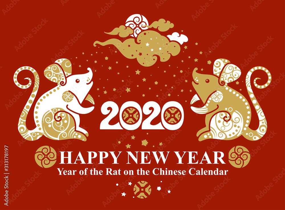 Year of The Metal Rat. 2020. Pattern with two sitting rats decorated with ornament. Beautiful card Happy New Year. Chinese Zodiac Sign Rat 2020. Vector illustration. Year of The Metal Rat. 2020. Pattern with two sitting rats decorated with ornament. Beautiful card Happy New Year. Chinese Zodiac Sign Rat 2020. Vector illustration.