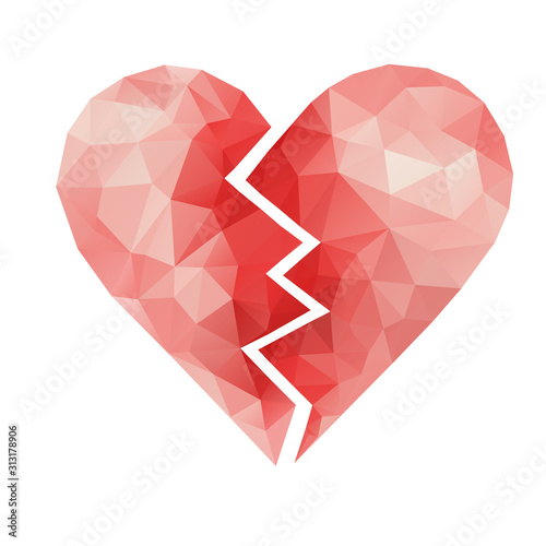 PrintVector low poly triangular red and broken heart isolated at white background.  Concept of break up and bad and miserable love.