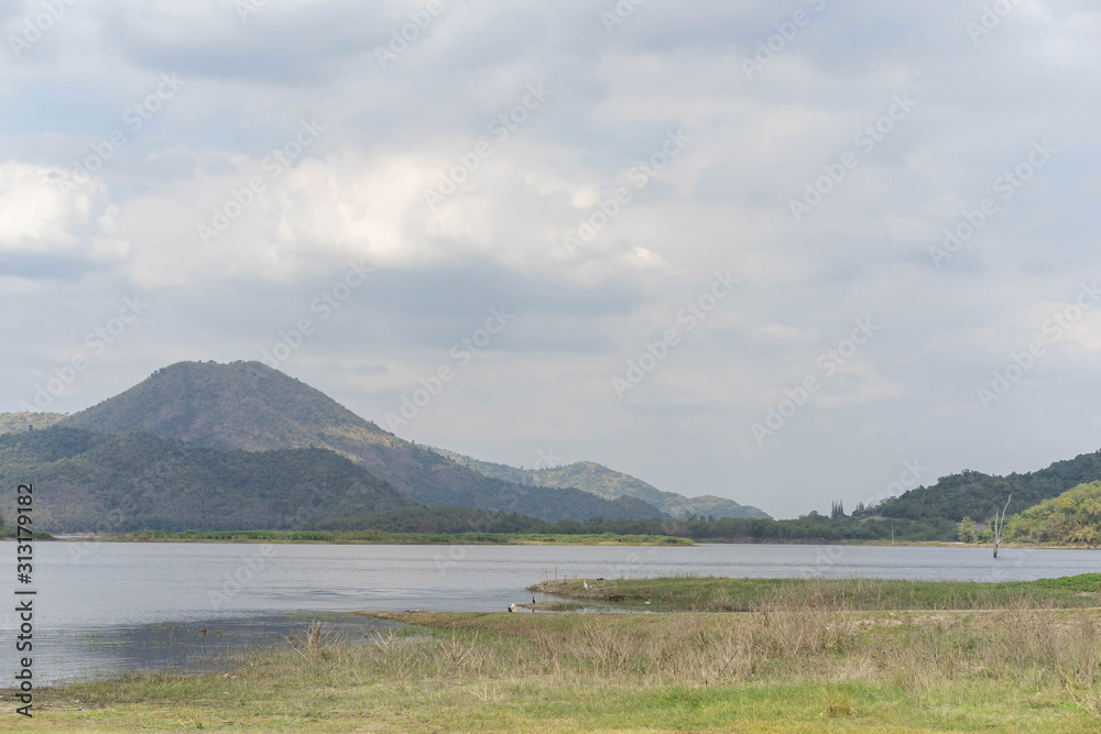 Reservoir in Thailand background beautiful Mountain - obrazy, fototapety, plakaty 