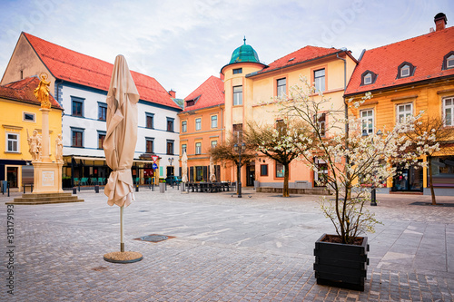 Cityscape with main square of Celje old town in Slovenia. Architecture in Slovenija. Travel photo