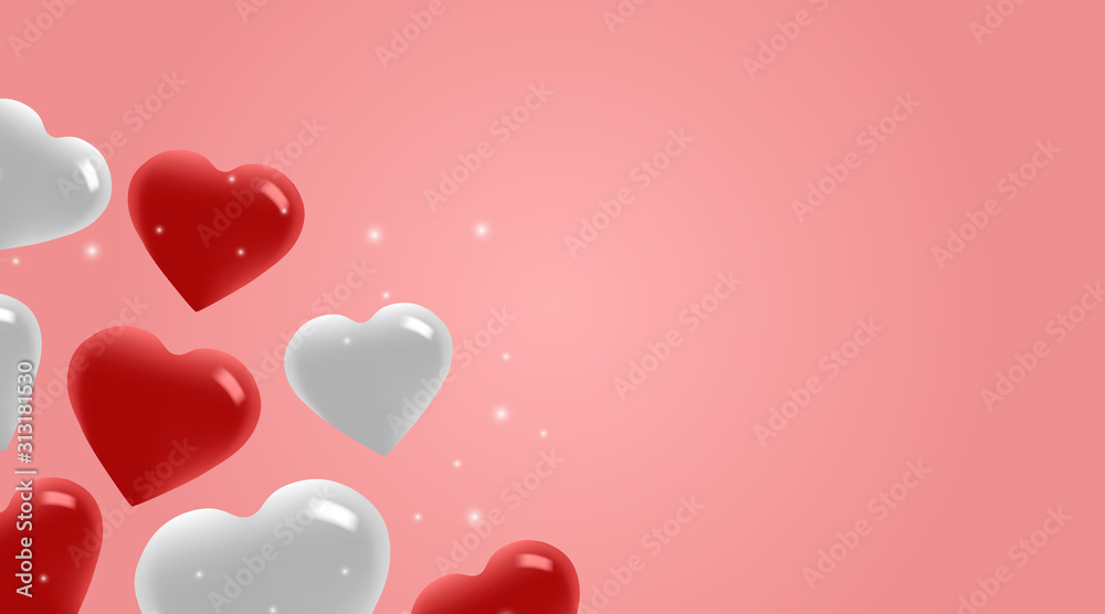 Valentine's Day Background with 3d White and Red Heart Shaped Balloons