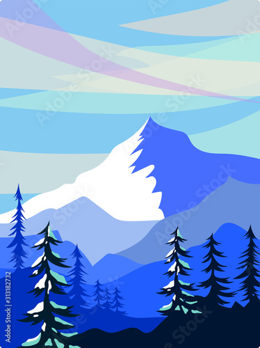 Winter landscape with mountains. Snowy illustration with hills, trees and clouds. Vector horizontal background