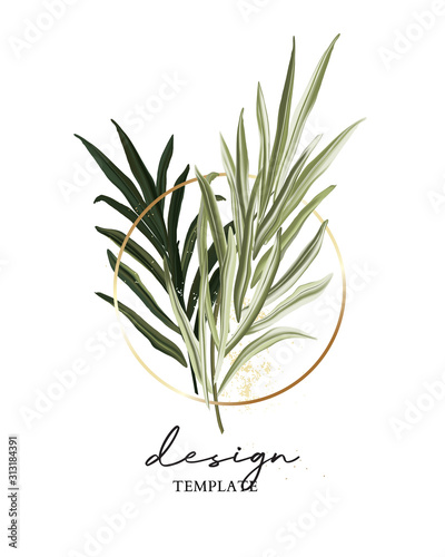 Hand drawn double palm leaves Tropical dark green design with gold circle frame elements  branding  invitation card template design in vector