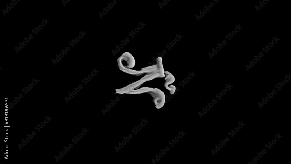 3d animated smoke typography in curly font with alpha channel rising forming a letter and continuing to rise the character NU
