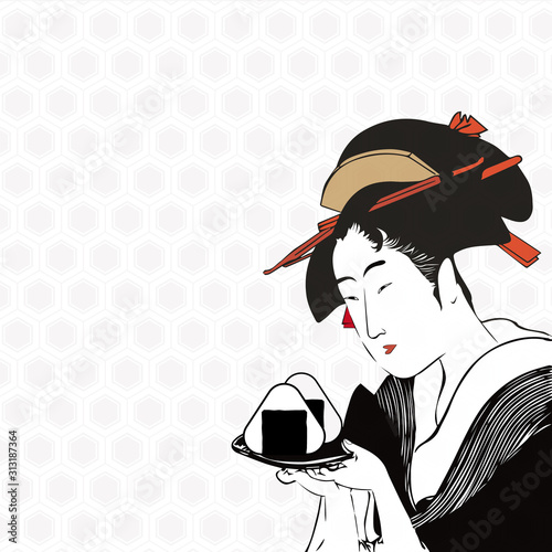 浮世絵　歌麿　イラスト　アレンジ　おにぎり　背景　Ukiyo-e ,Utamaro,Japanese Art,Rice Ball  