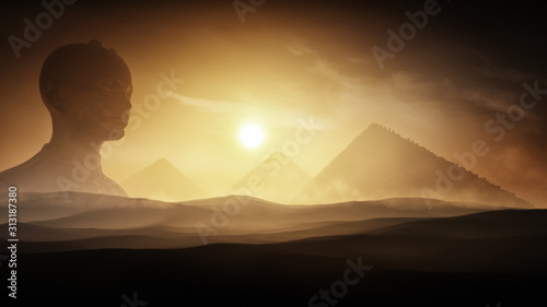 strange pyramid valley with majestic alien type of giant statue and dark and moody atmosphere