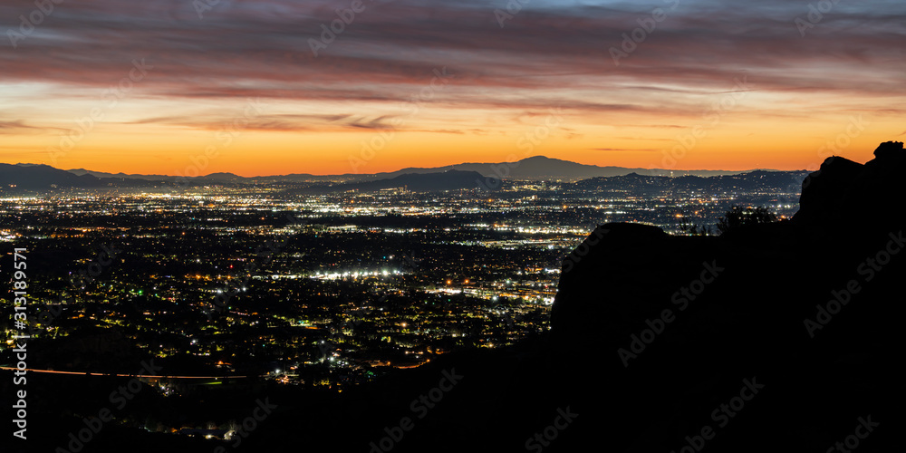 Panoramic Los Angeles California dawn from the Santa Susana Mountains above the San Fernando Valley.