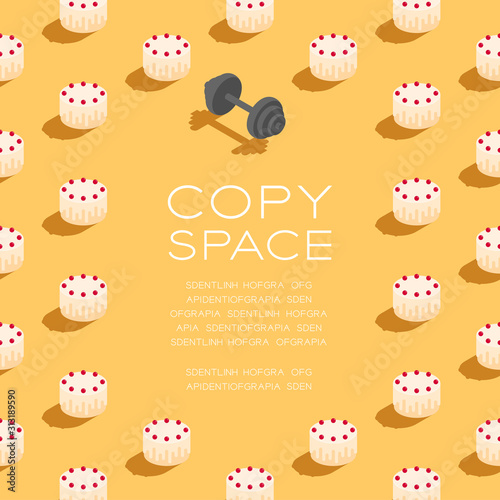 Cake with dumbbell 3D isometric pattern, Bakery healthy diet or lose weight concept poster and social banner square post design illustration isolated on cream background with space, vector