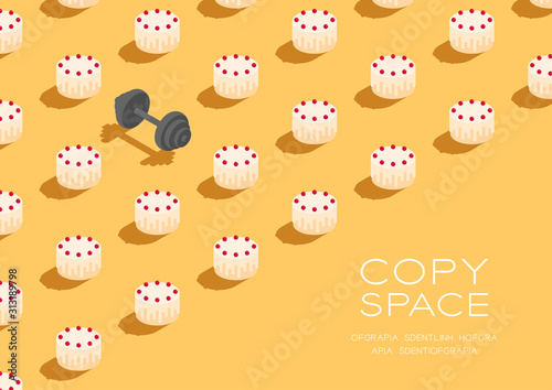 Cake with dumbbell 3D isometric pattern, Bakery healthy diet or lose weight concept poster and social banner horizontal post design illustration isolated on cream background with space, vector