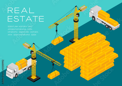 House shape, Bullion gold bar 3D isometric pattern, Real estate construction business investment concept poster and social banner post horizontal design illustration on green background, vector