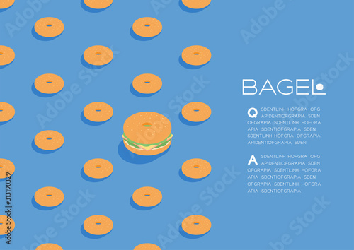 Bagel sandwich 3D isometric pattern, Fast food burger concept poster and social banner post horizontal design illustration isolated on brown background with copy space, vector eps 10