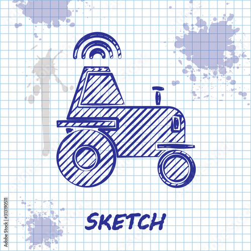 Sketch line Self driving wireless tractor on a smart farm icon isolated on white background. Smart agriculture implement element. Vector Illustration