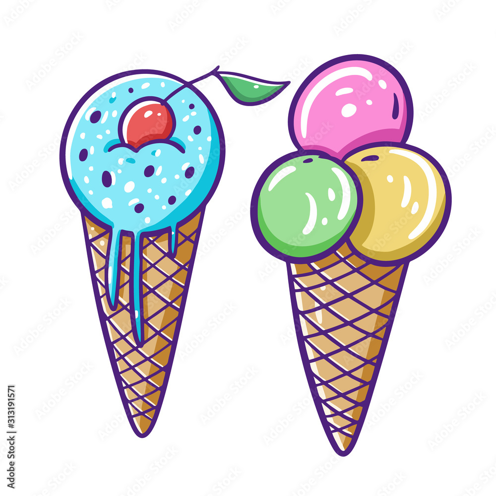 Set of tasty ice cream in waffle cone. Hand drawn vector illustration. Flat cartoon style.
