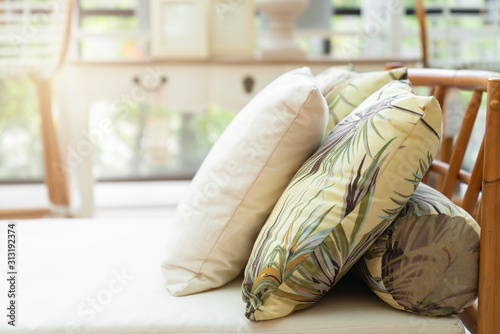 close up white beige soft pillows on bed and blanket bedroom interior design concept.bed maid luxury ideas concept photo