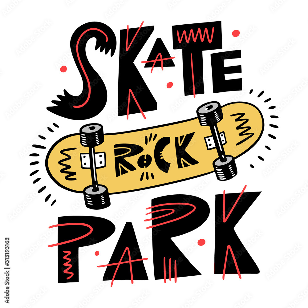 Yellow skateboard vector illustration. Skate Rock Park Phrase. Stock Vector  | Adobe Stock