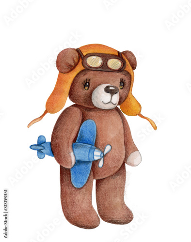 Watercolor illustration of cute teddy bear with plane  isolated.