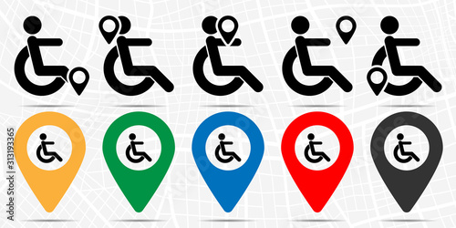 Disabled wheelchair icon in location set. Simple glyph, flat illustration element of medicine theme icons