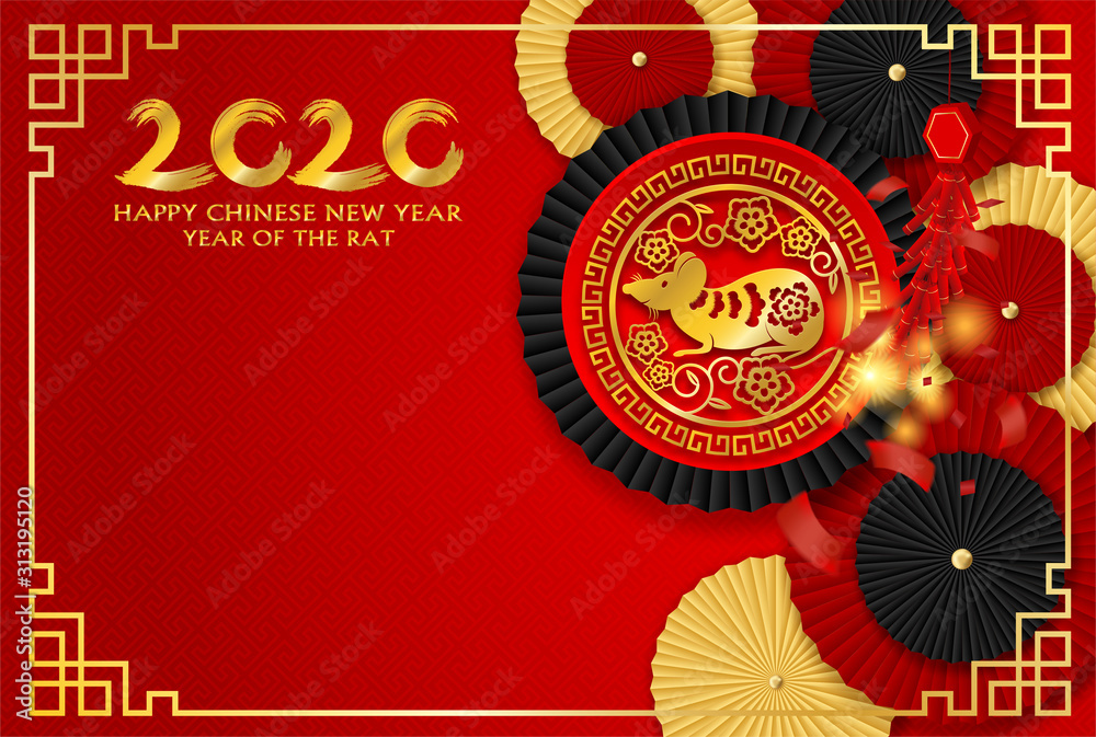 2020 Happy Chinese New Year background. Design with chinese paper fan and firecrackers .paper art style. happy rat year. Vector.