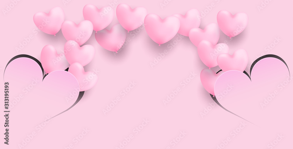Happy Valentine day background. Design with pink heart balloons flying outside the paper art heart on pink background. Vector.