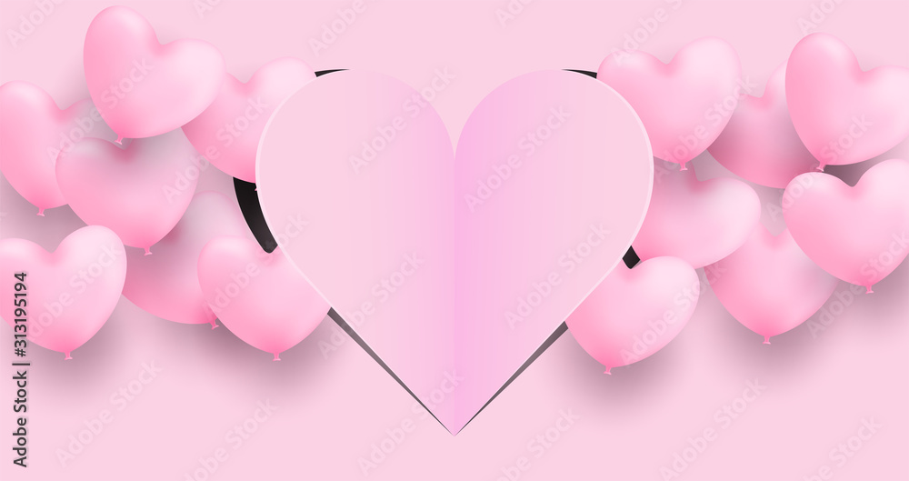 Happy Valentine day background. Design with pink heart balloons flying outside the paper art heart on pink background. Vector.