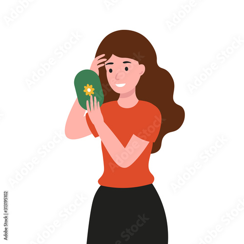 Pretty young woman watching a mirror admires herself and straightens her hair. Flat vector cartoon illustration.