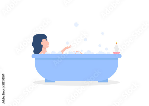 Woman lying in bathtub, taking bath and relaxing, full of soap foam. Flat vector cartoon illustration.