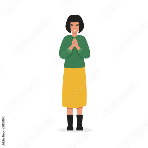 Christian prayer character woman prays to God. Flat vector cartoon illustration.