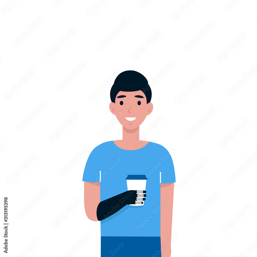 Man with bionic arm hold drink. Disabled person with prosthesis. Male with a mechanical hand. Flat vector cartoon illustration. Man with bionic arm hold drink. Disabled person with prosthesis. Male with a mechanical hand. Flat vector cartoon illustration.