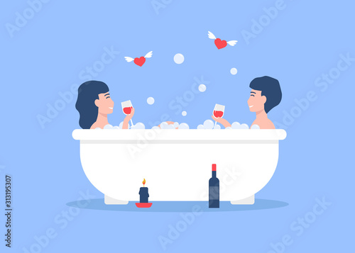 Young happy couple people lying in bathtub full of soap foam, taking bath, relaxing together and drink wine. Concept romantic date. Flat vector cartoon illustration.