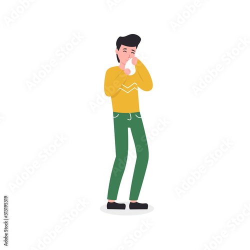 Guy with cold symptom runny nose. Flat vector cartoon character isolated white background.