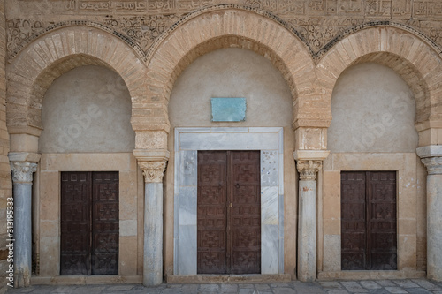 Three doors mosque entrance in Kairouan, Tunisia