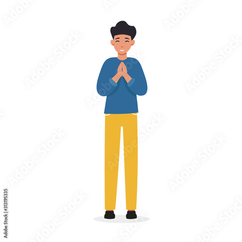 Christian prayer character man prays to God. Flat vector cartoon illustration.