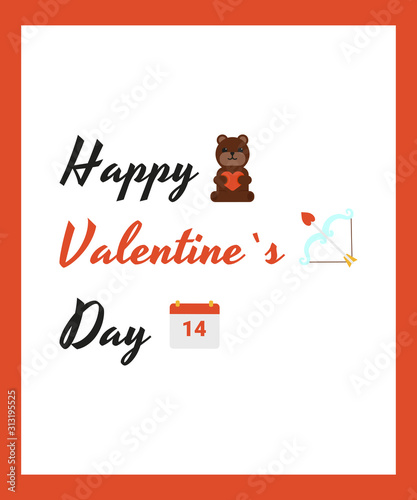 St. Valentine's day greeting card. Happy bear holds heart, bow and arrows and calendar. Flat vector modern illustration design minimalism.