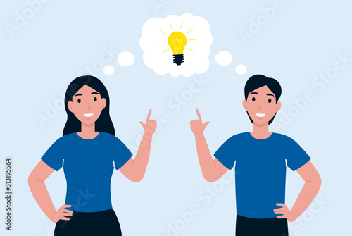 Man and woman have idea. Male having solution, idea lightbulb creative thinking concept solved question, thumbs up. Flat vector cartoon illustration.