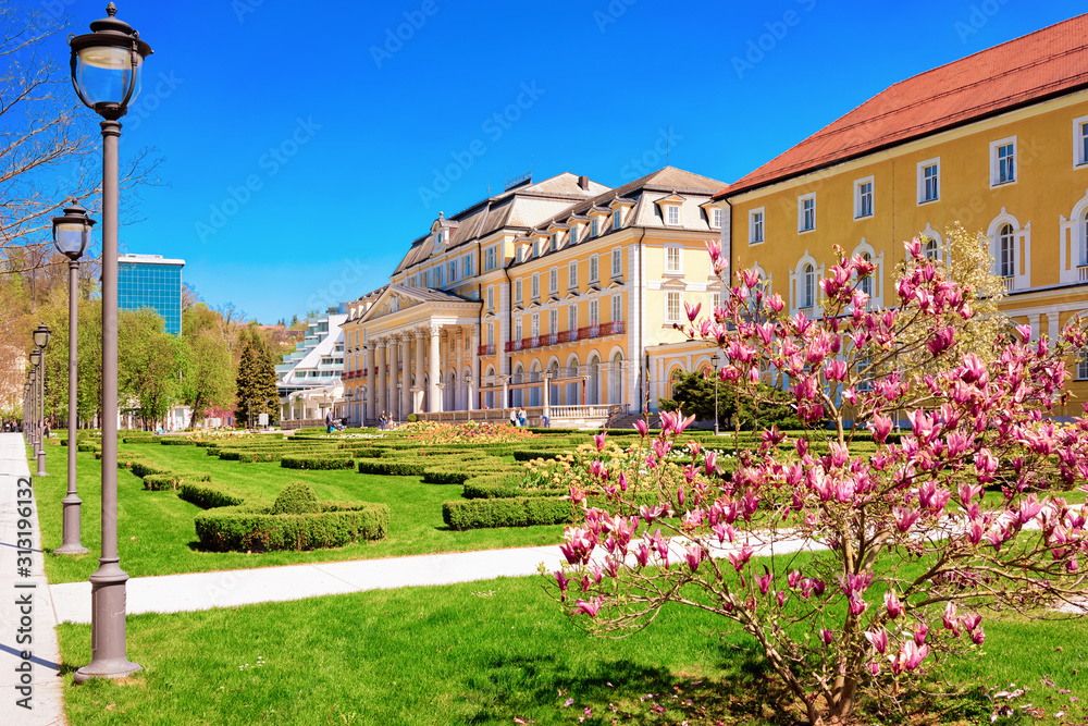 Magnolia blooming at park with street lights at Grand Hotel in Old city in Rogaska Slatina in Slovenia in South Styria. Pink Flowers blossom. Travel in Europe Slovenian luxury spa resort