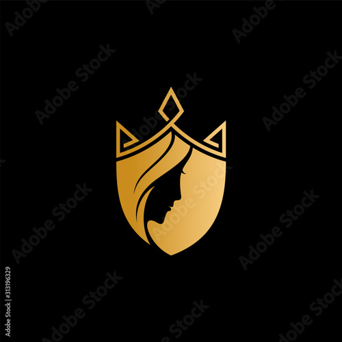 Princess/Queen shield logo. Logo vector of woman silhouette with gold crown in shield shape, beauty care and fashion logo element, golden shield icon/symbol