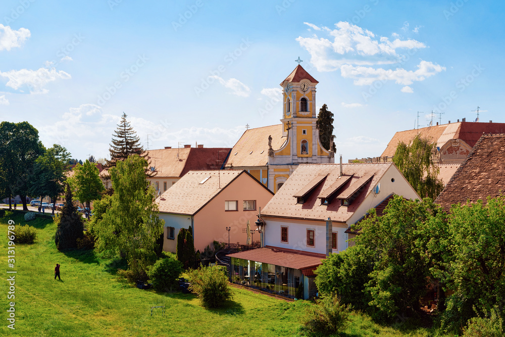 Landscape with St Florian Church in Old city of Varazdin in Croatia. Panorama and Cityscape with Cathedral in famous Croatian town in Europe in summer. Travel and tourism for tourists.