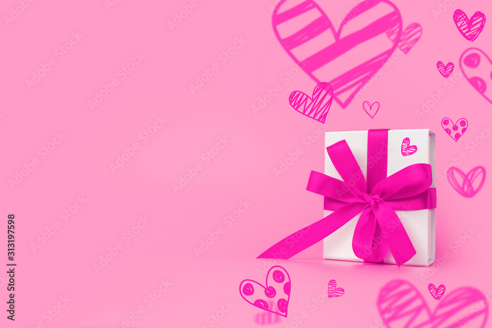 Valentine's Day background. Gift box on pastel pink background. Valentines day concept. Copy space