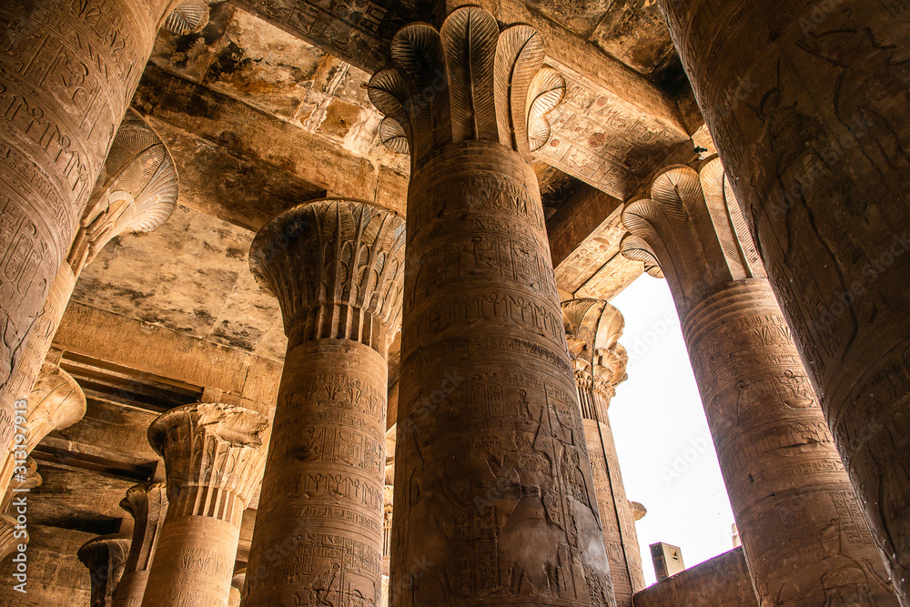 ancient egyptian architecture ruins. hieroglyphs and columns of the Temple of Horus at Edfu, in Egypt