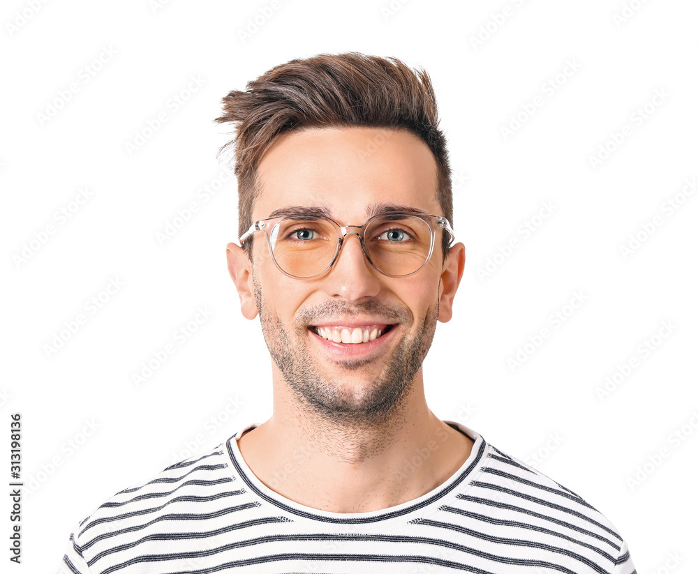 Young man with stylish eyeglasses on white background Young man with stylish eyeglasses on white background