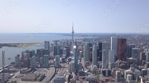 Dynamic Aerial Wide Shot of Toronto Skyline and Lake Ontario during warm, bright, sunny day.

Camera Movement: Dolly Forward and Jib Upward photo