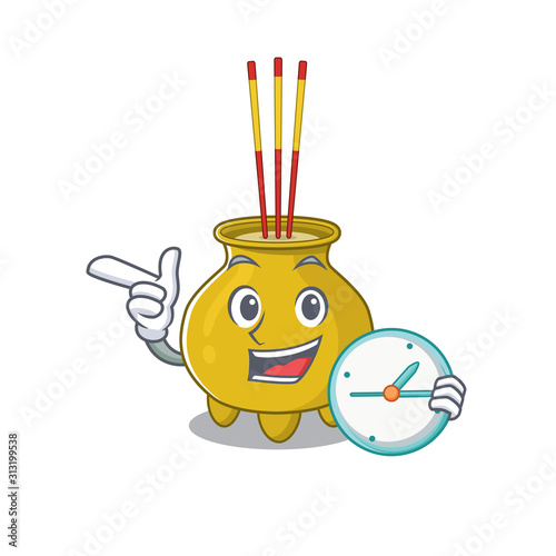 cartoon character style chinese incense having clock