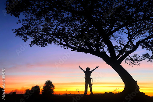 Silhouette, a male tourist standing in front of the sunset Under the big tree