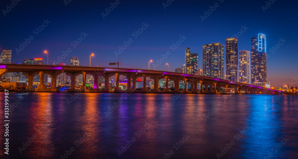 bridge night sea lights buildings skyscrapers florida miami usa city cityscape aquatic architecture downtown sky lighting