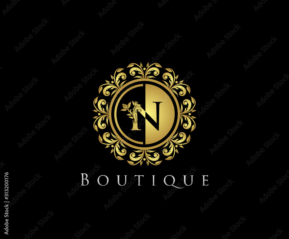 Golden N Boutique Logo Icon, Luxury N Letter Logo Design.