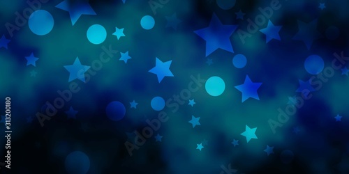 Dark BLUE vector template with circles, stars. Glitter abstract illustration with colorful drops, stars. Design for wallpaper, fabric makers.