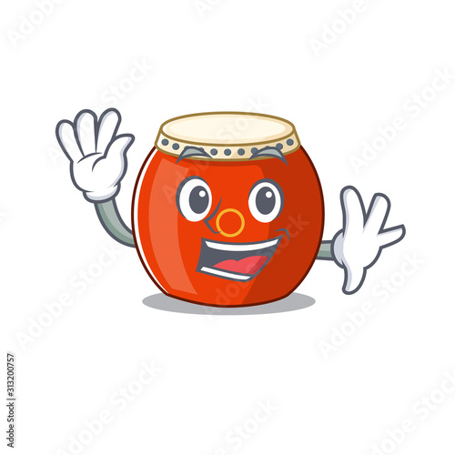 Waving friendly chinese drum cartoon character design