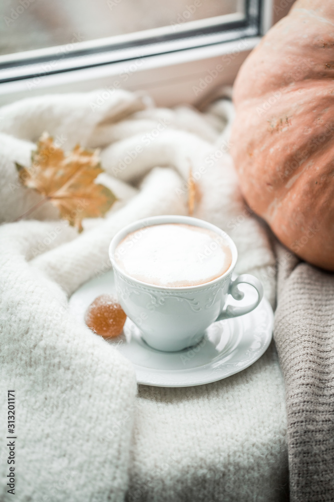 .autumn mood: pumpkin and cocoa on the windowsill in October