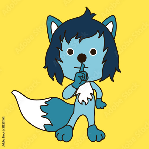 emoji with character shushing shh h to politely tell people to shut up and be quiet to keep silence, wolf with blue wool using finger on mouth gesture to stop talking, simple hand drawn emoticon
